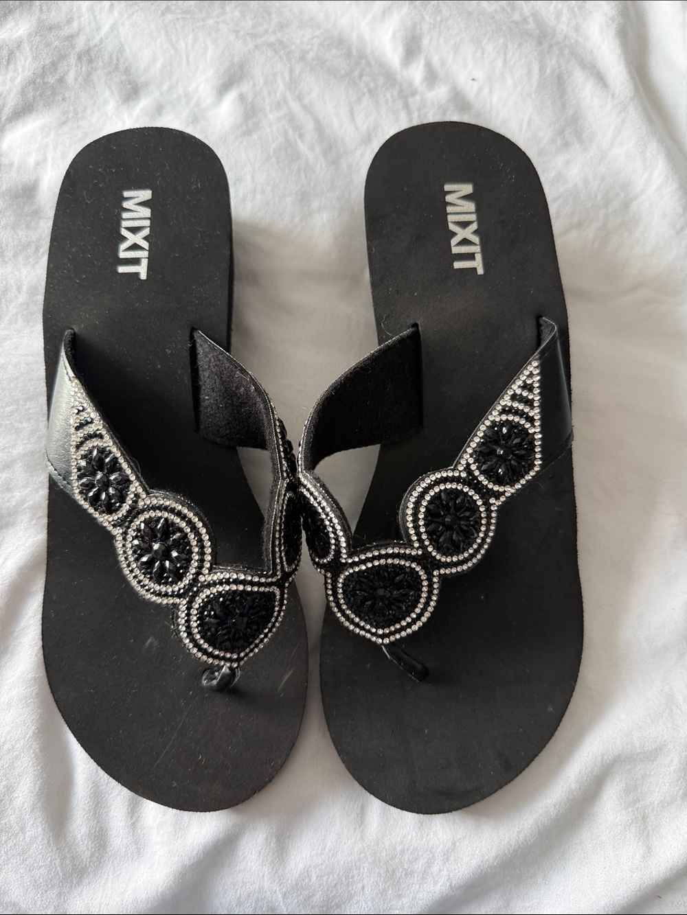 Mixit Black Beaded Floral Thong Sandals